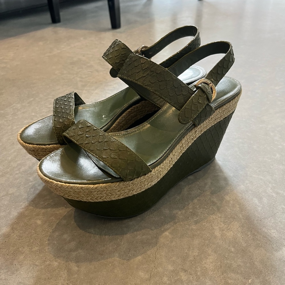 Sergio Rossi Green Snakeskin Embossed Wedge Sandal
